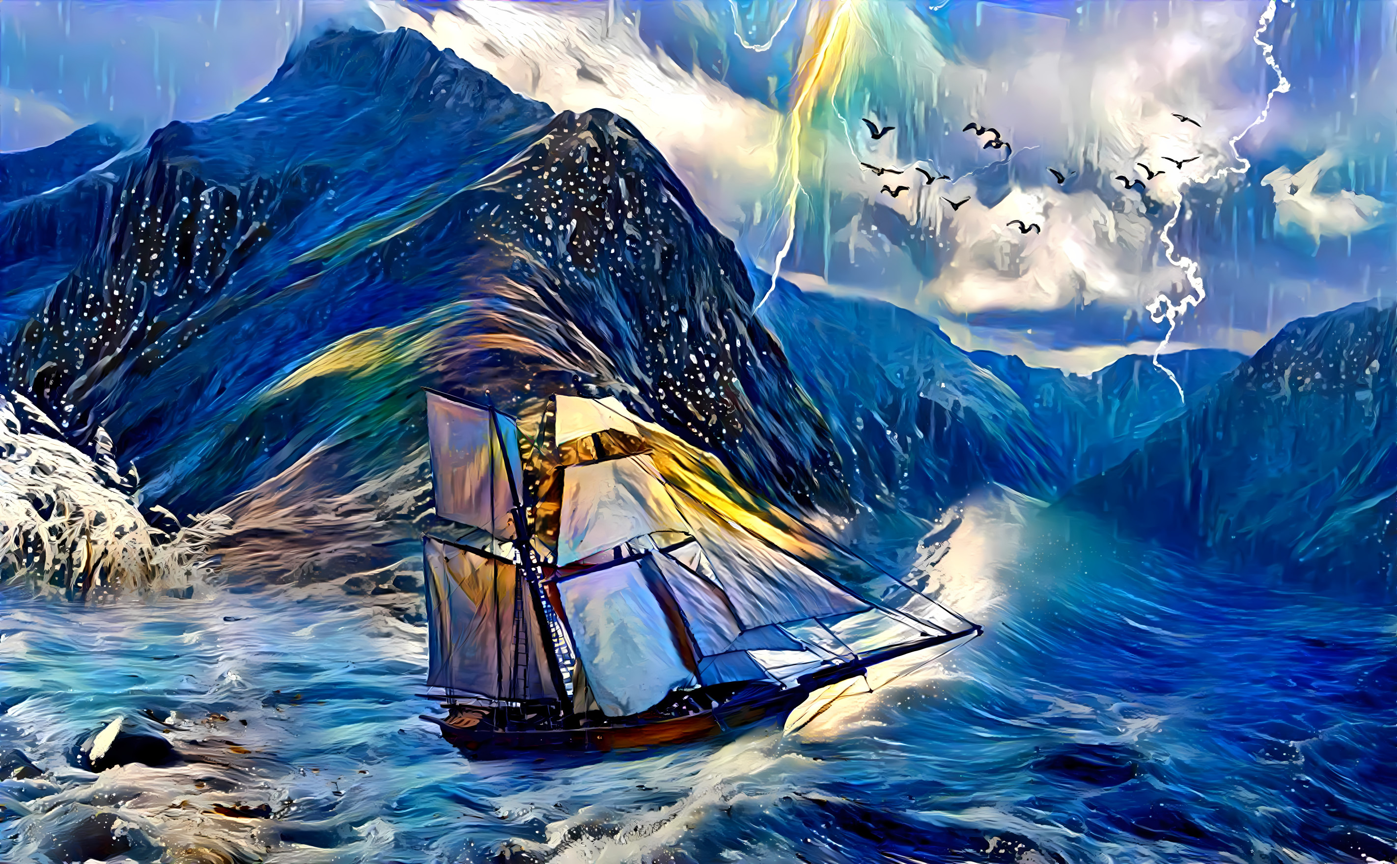 Sailing ship at a stormy coast