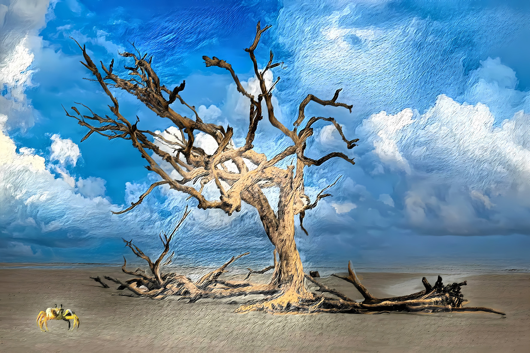 Dead tree and crab on a beach