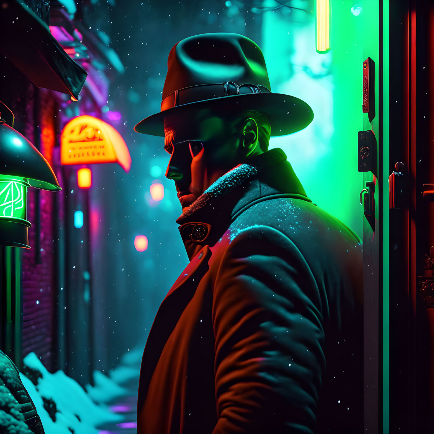 Mysterious figure in fedora and coat in neon-lit alleyway with snowflakes