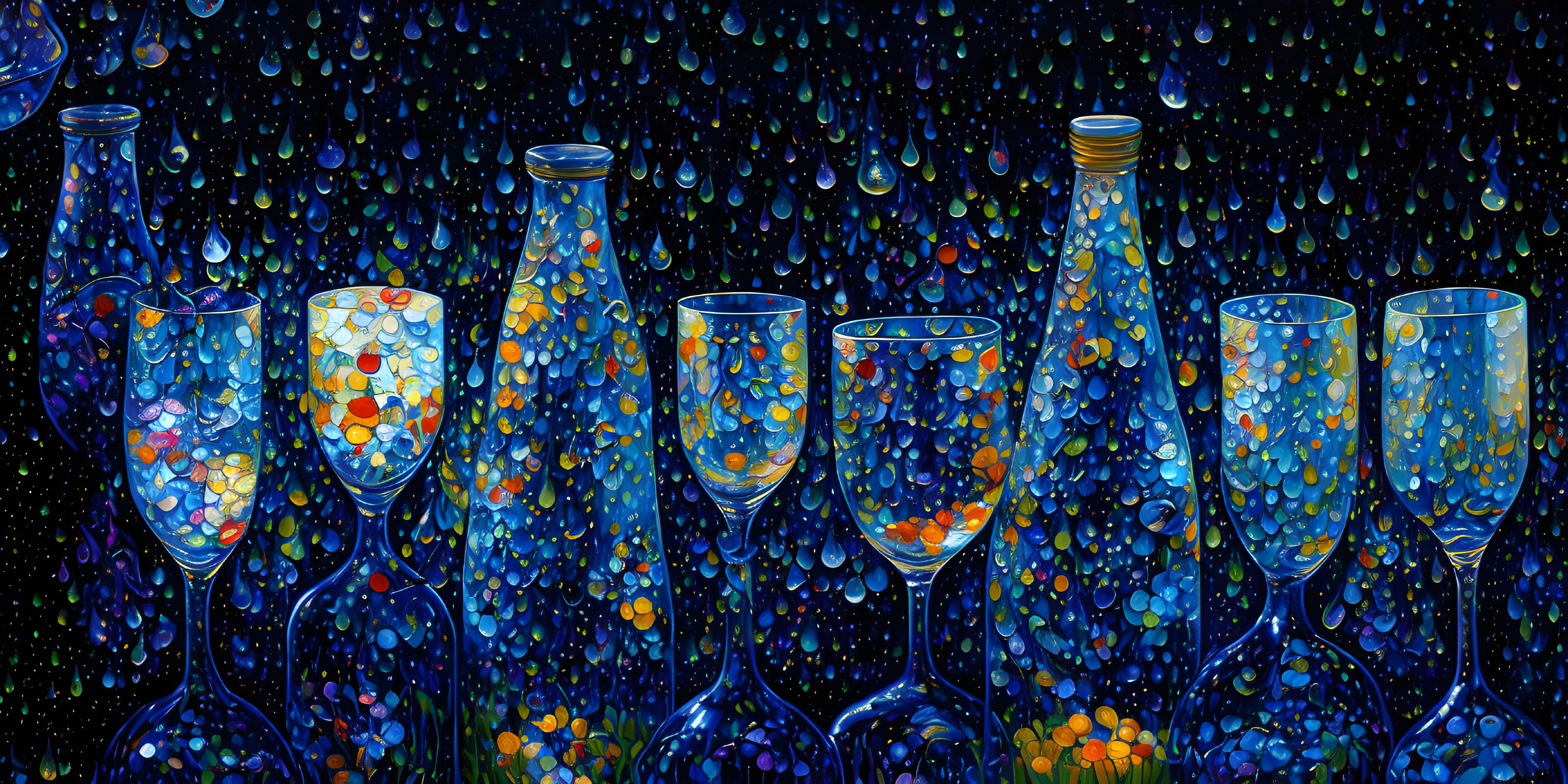 Colorful painting of glasses and bottles on starry background.