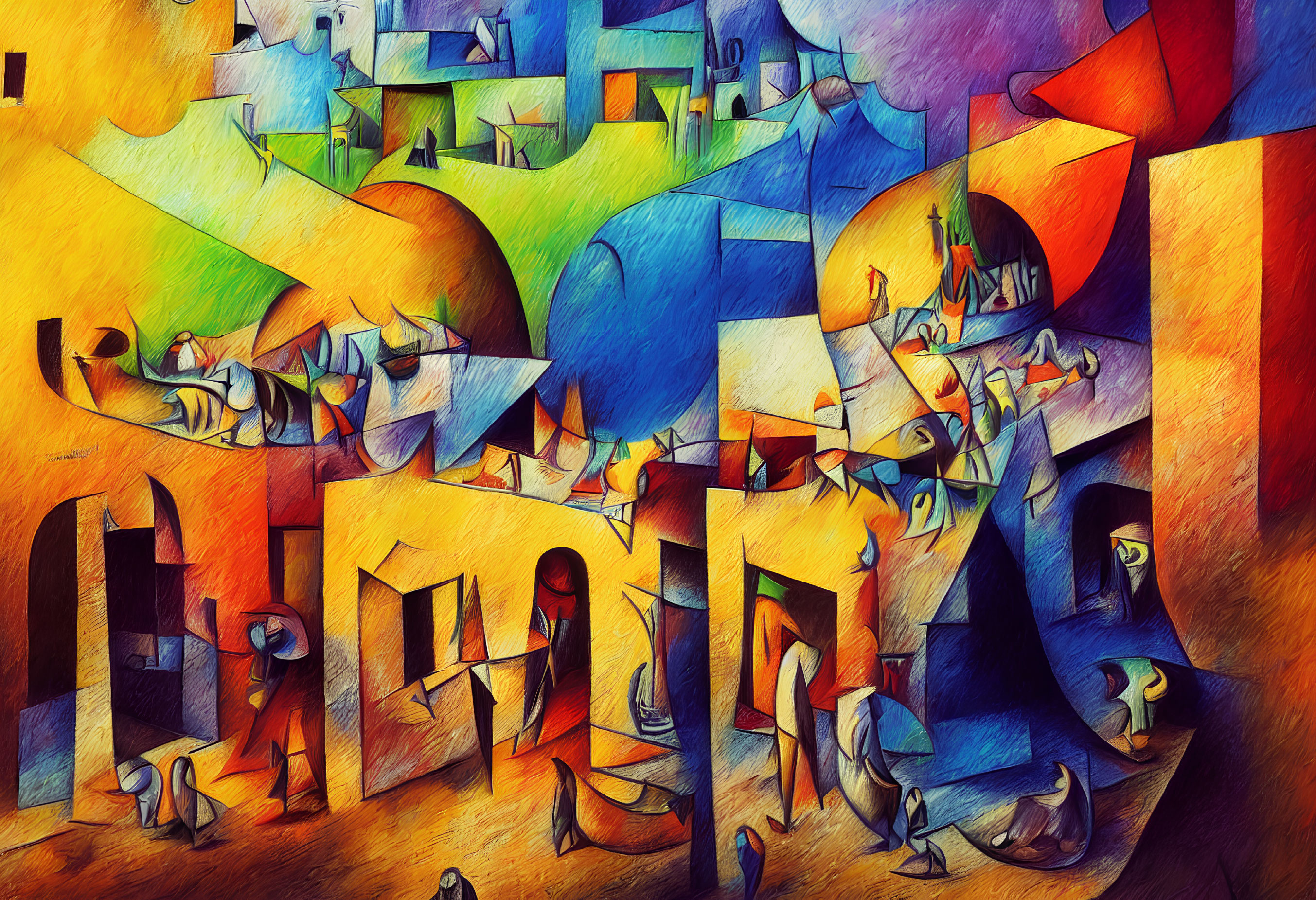 Colorful Cubist Painting with Interlocking Shapes and Fish-Like Figures