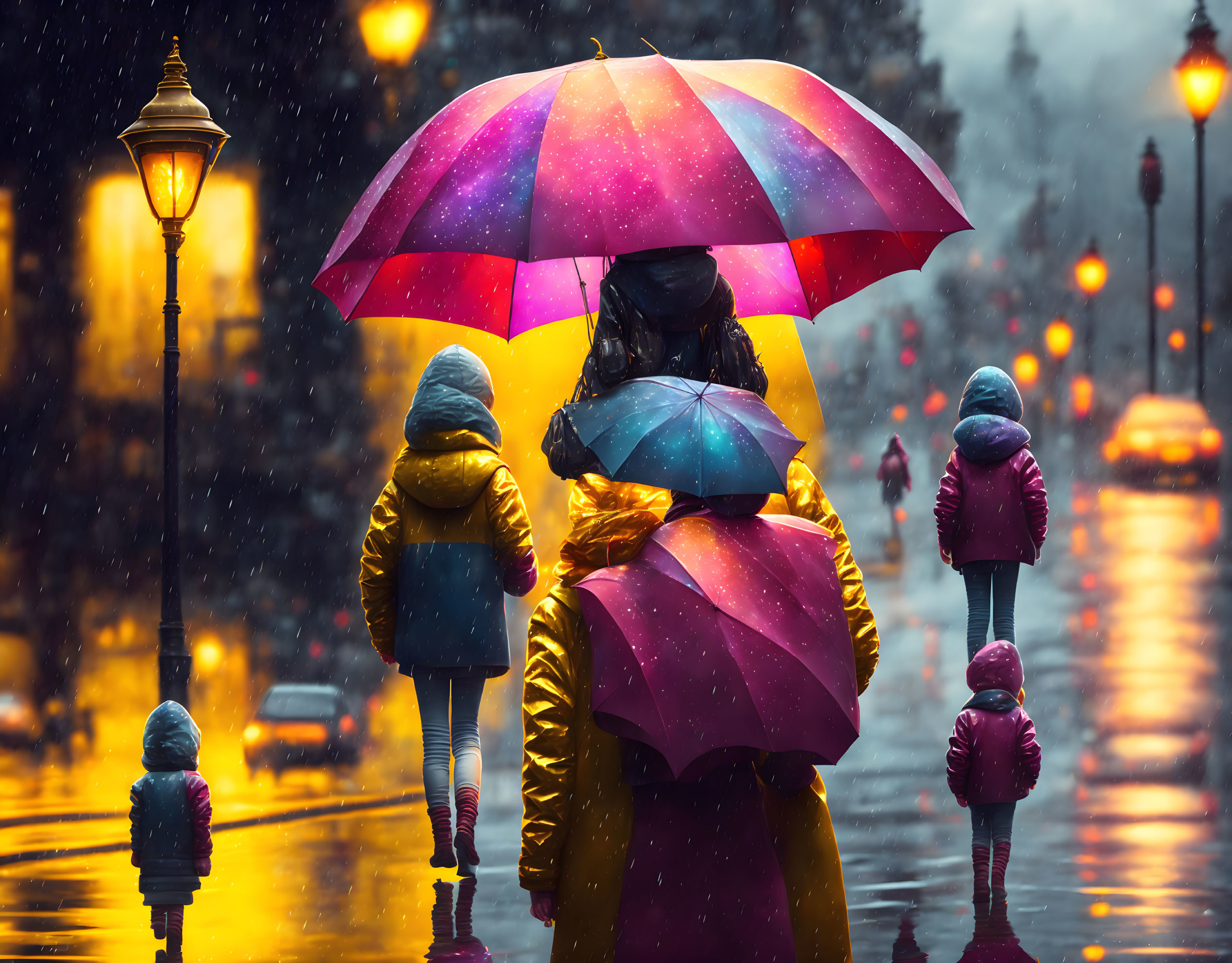 Colorful Umbrella Group Walking on Wet Street in Rainy Twilight