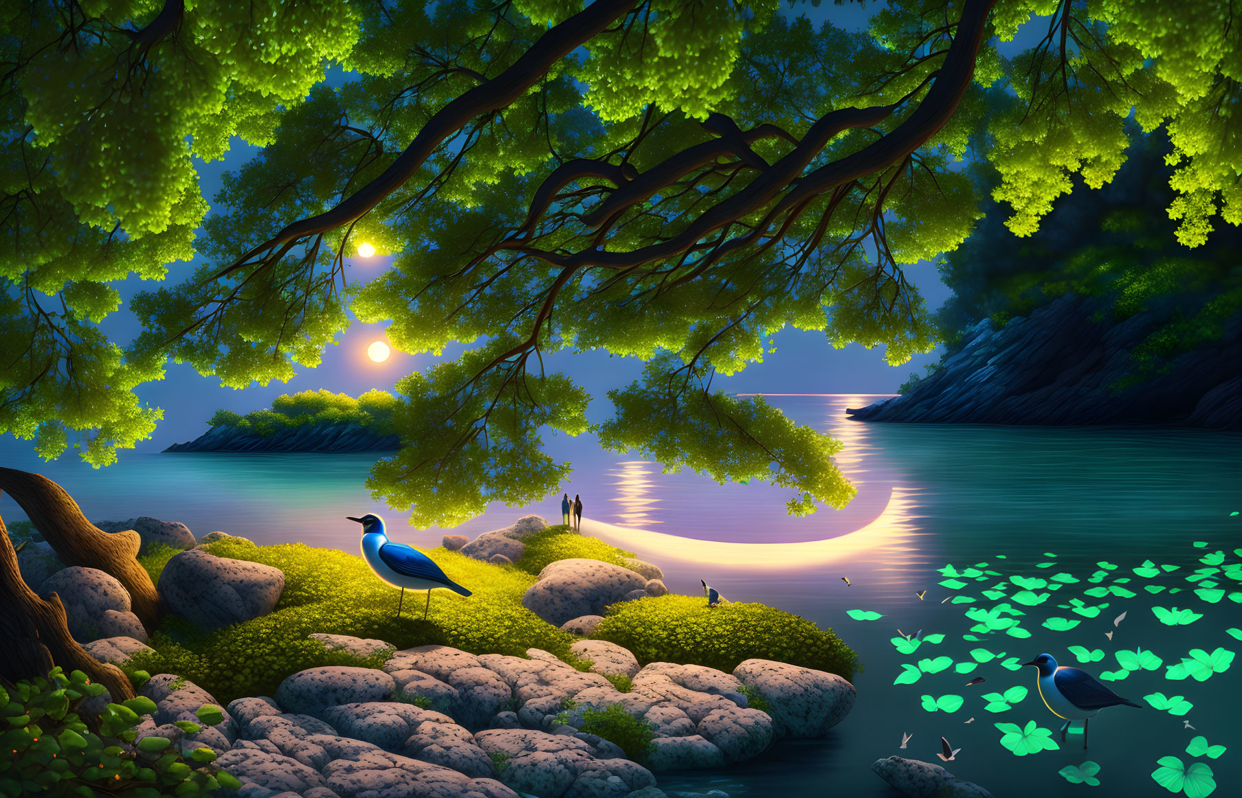 Serene Night Landscape: Lake, Trees, Fireflies, Full Moon, Bird