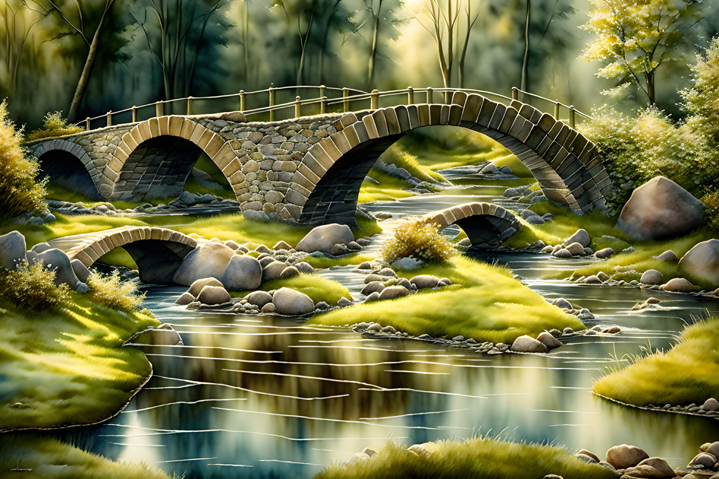 Tranquil stream with stone bridge and lush greenery