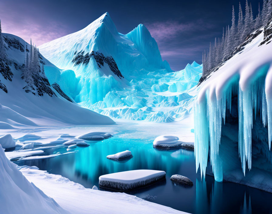 Winter landscape: Blue glacier, icicles, snow-covered rocks, icy lake, twilight sky