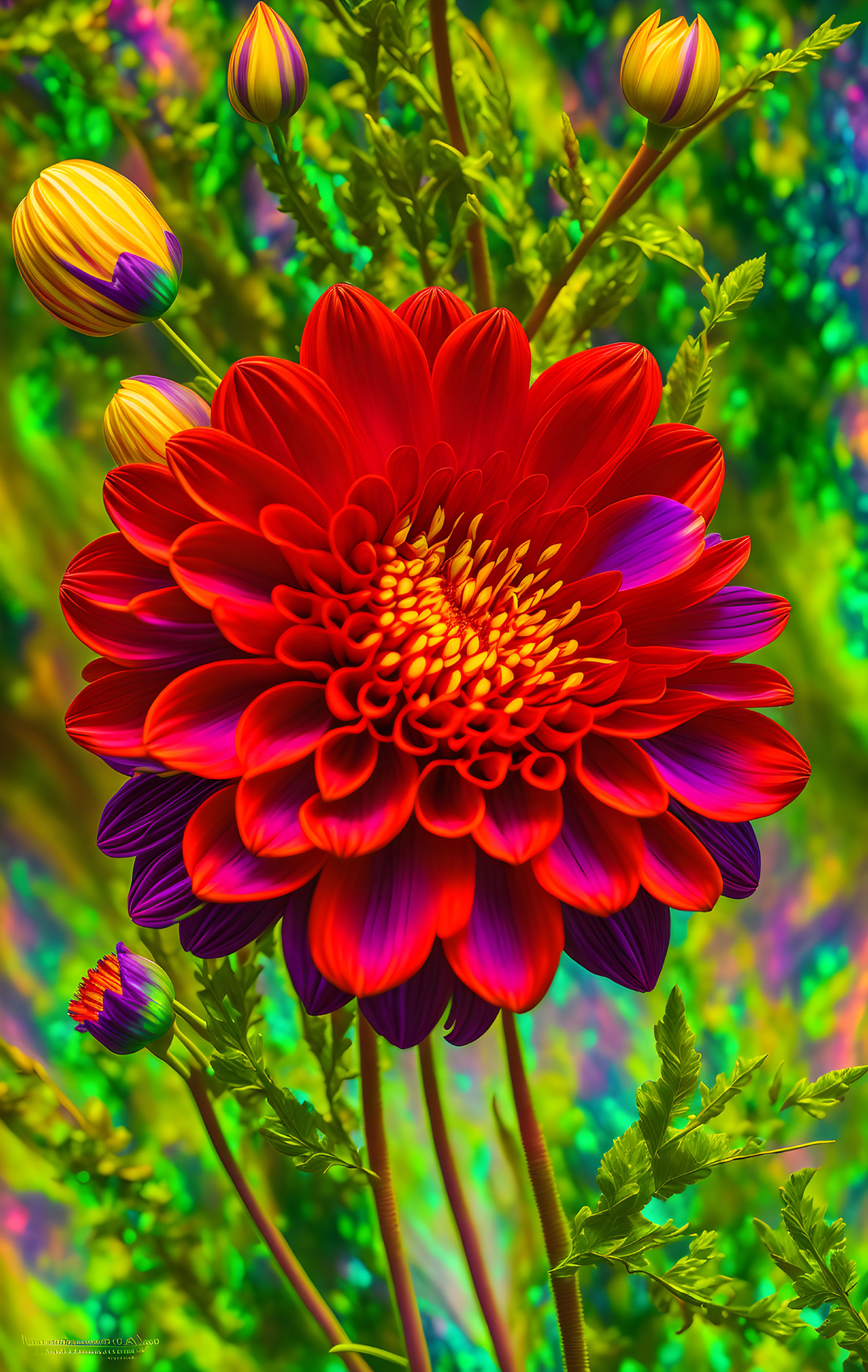 Vibrant red dahlia with yellow accents on colorful background