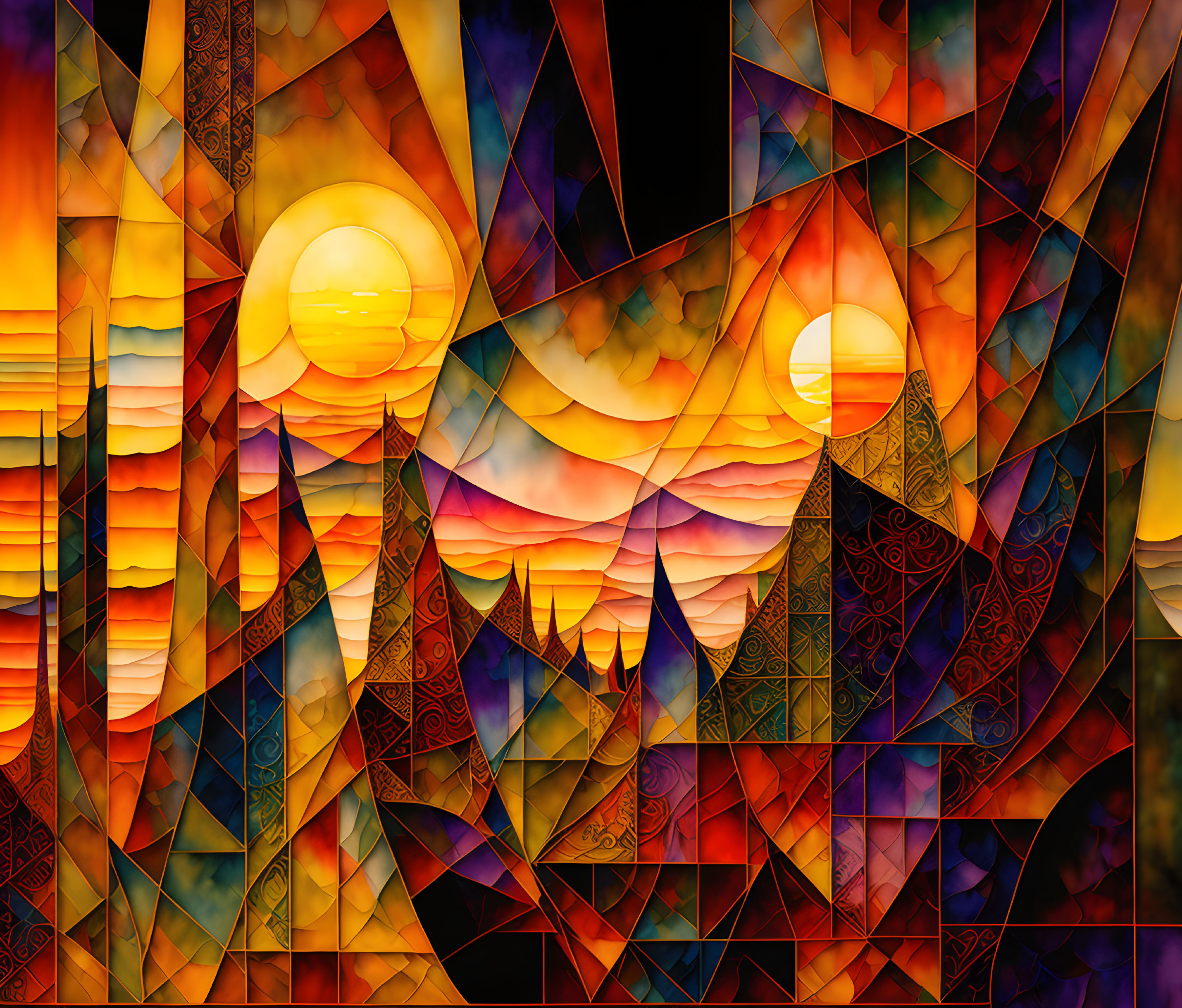 Colorful Stained Glass Artwork Featuring Geometric Shapes and Dual Suns