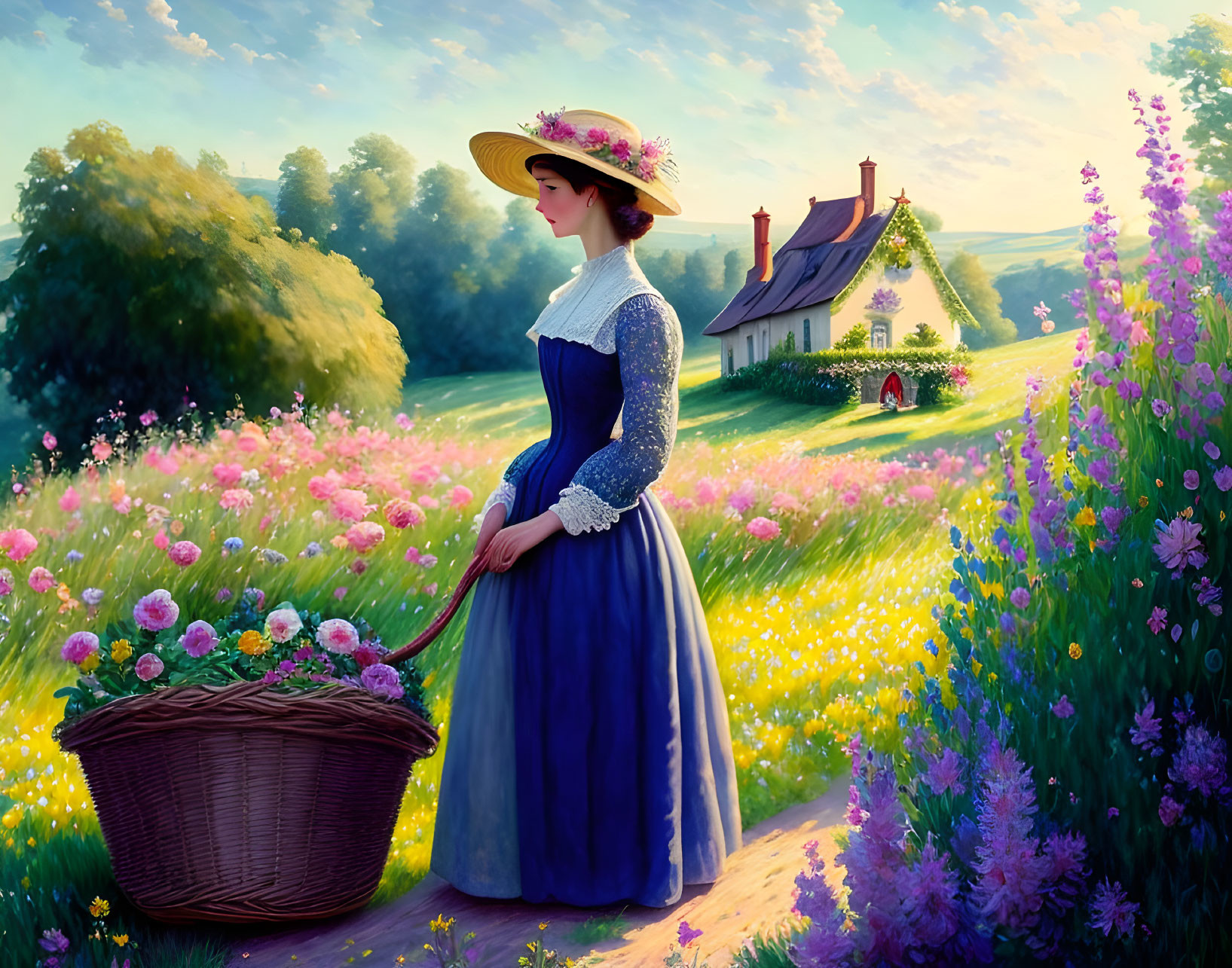 Woman in vintage dress and hat in vibrant meadow with flowers near quaint cottages under serene sky