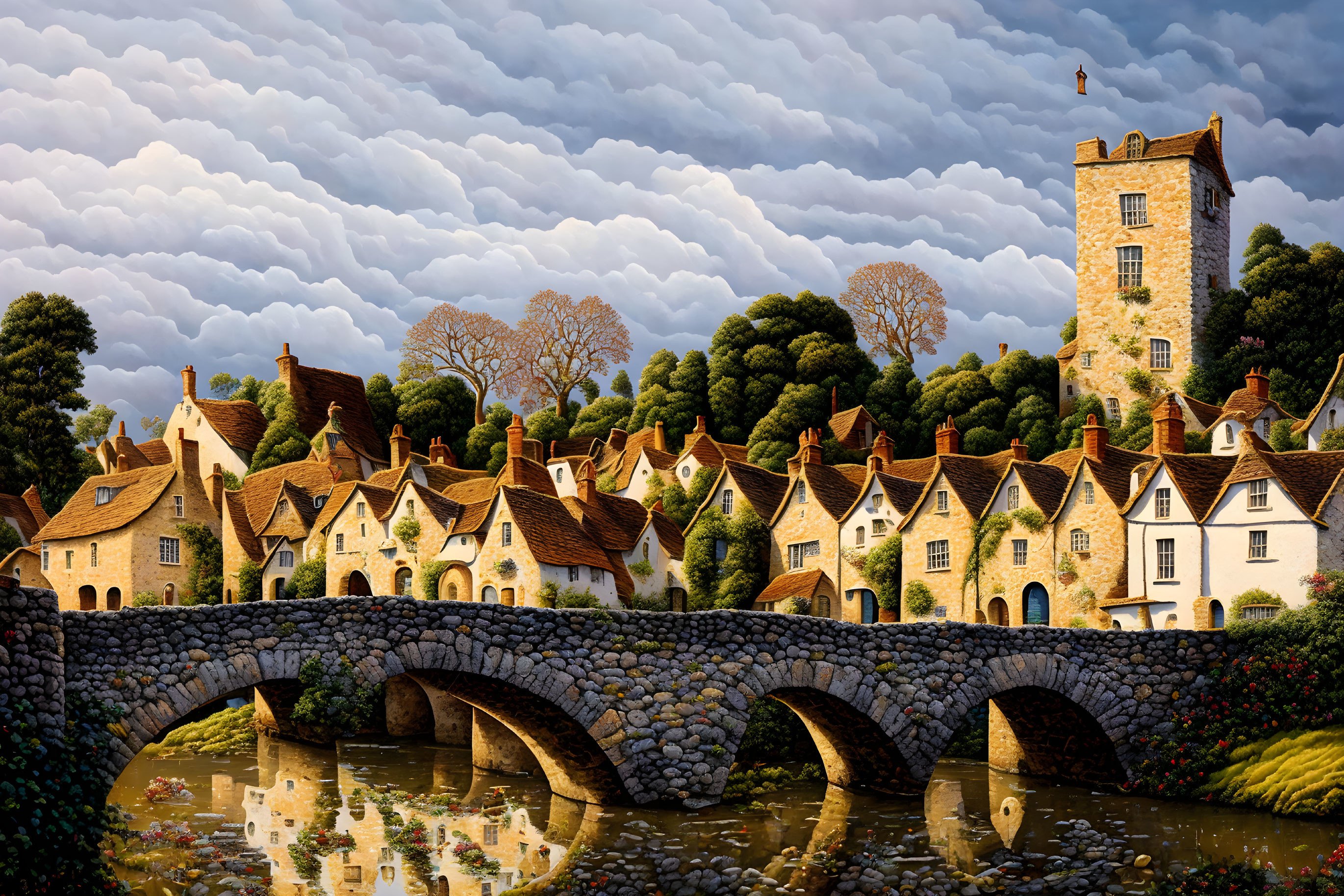 Traditional village scene with stone bridge, houses, and tower under dramatic sky