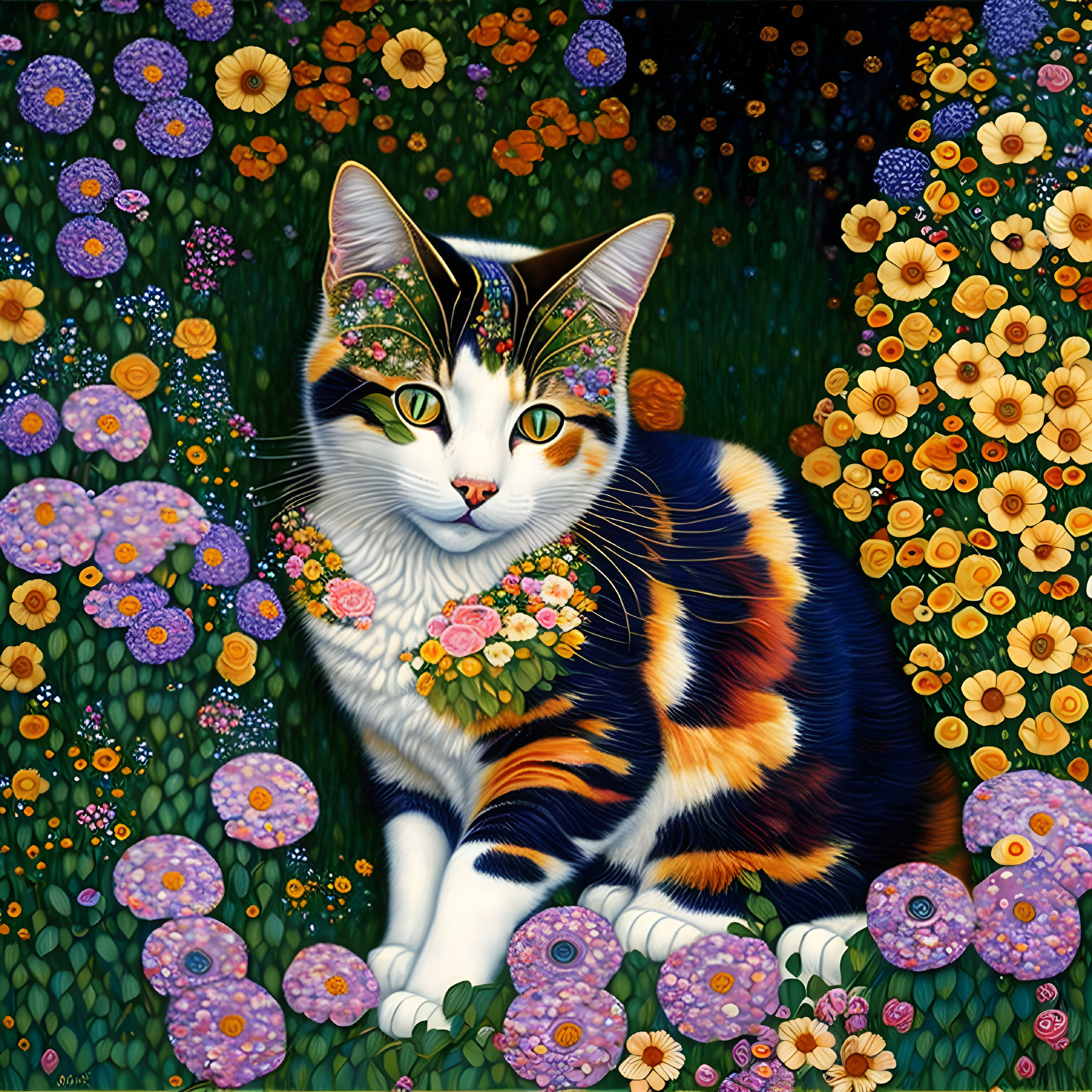 Vibrant Calico Cat Painting Among Colorful Flowers