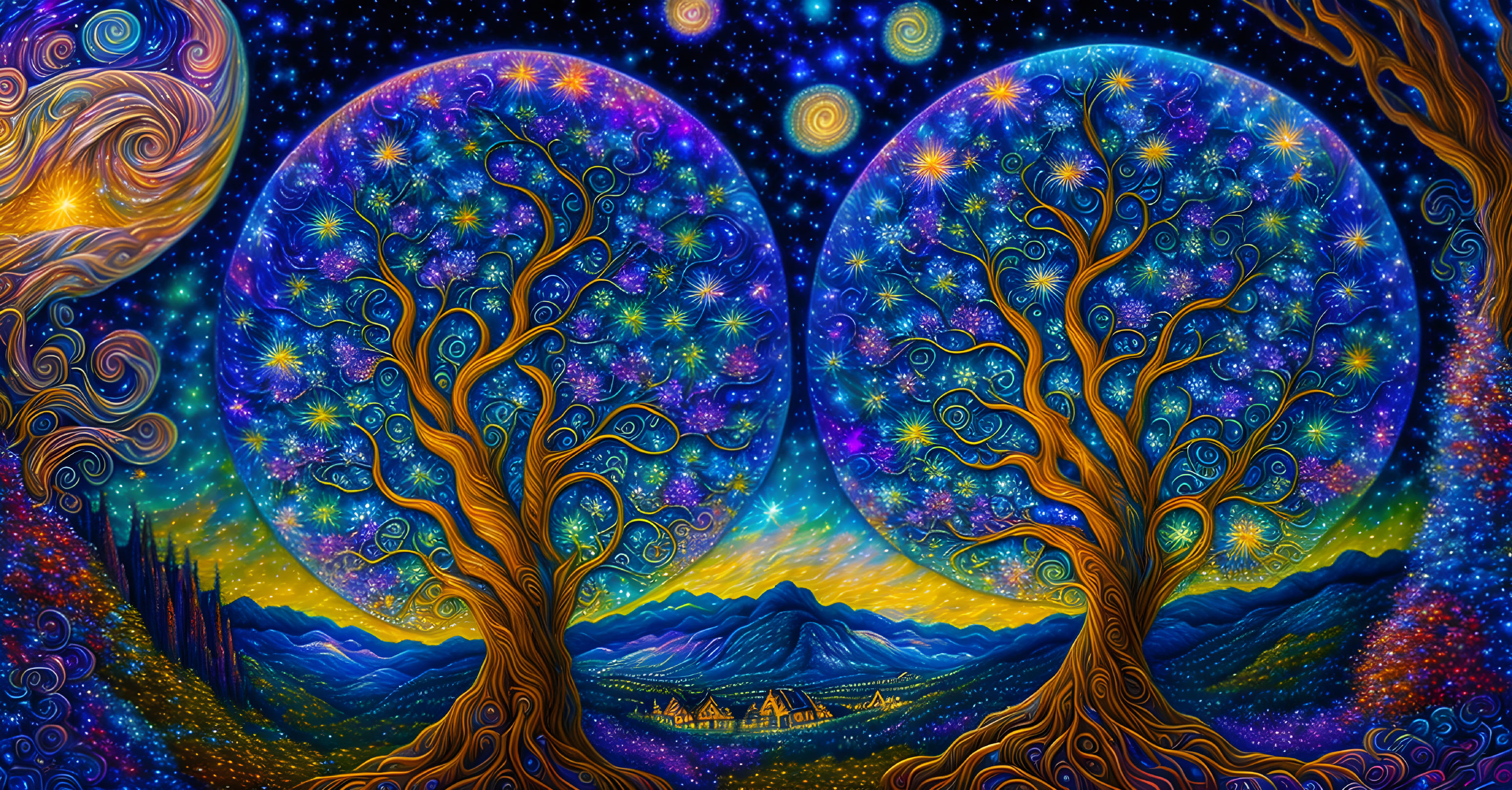 Colorful psychedelic artwork: trees, cosmic foliage, starry sky, mountainous landscape, village