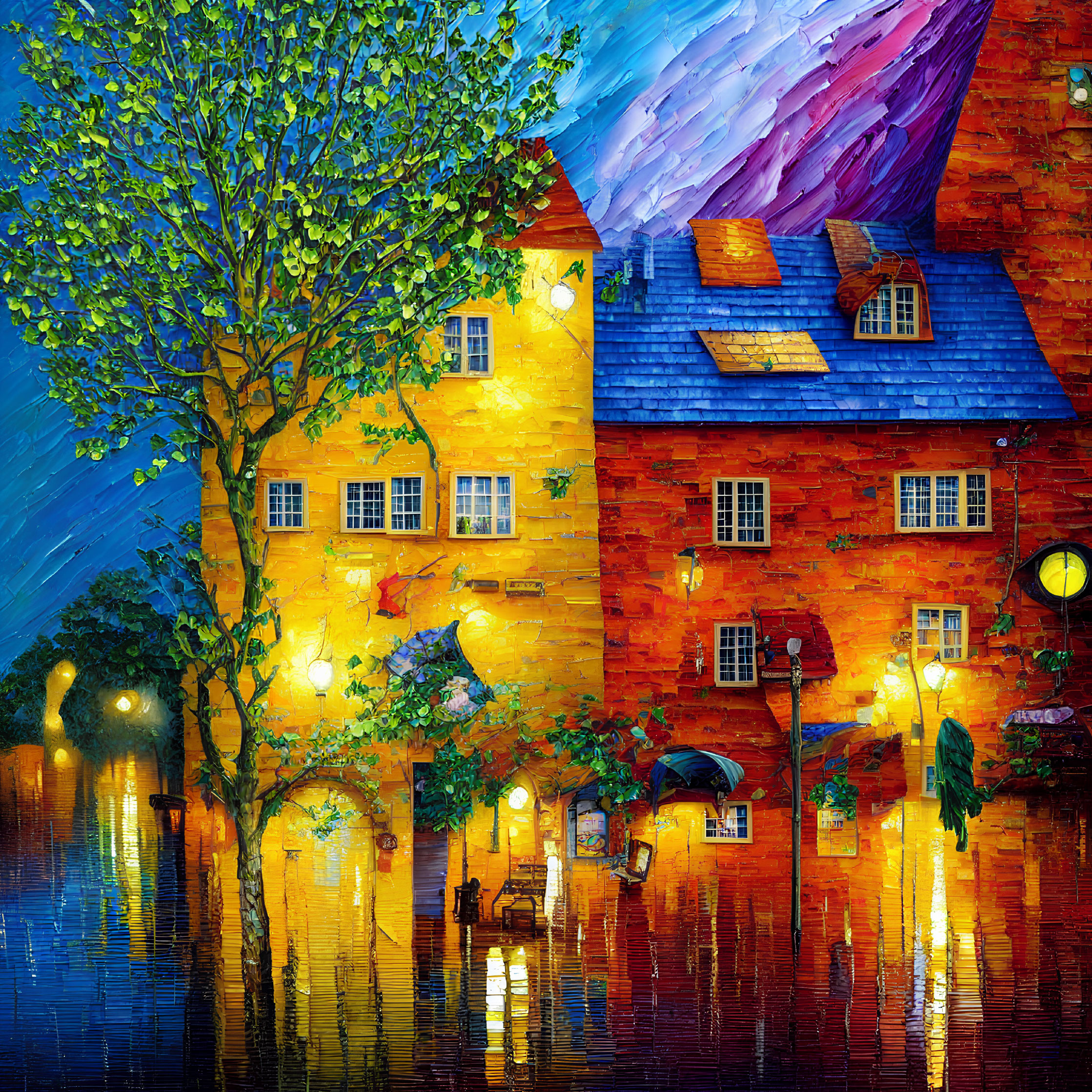 Vibrant impressionistic rainy street scene at night