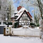 Colorful Cottage Scene with Snow-Covered Roof & Blooming Trees