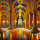 Twilight Middle Eastern cityscape with ornate arches and glowing lanterns