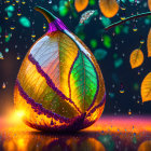 Colorful leaf-patterned pumpkin with water droplets on bokeh background.