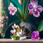 Cat relaxing on windowsill surrounded by vibrant orchids and sunlight.