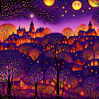 Illustrated night scene of quaint village with glowing windows and starry sky