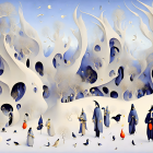 Whimsical landscape with penguins and robed figures in cool palette