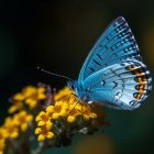 Blue butterfly on yellow flowers with water droplets: serene nature scene