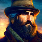 Man with beard and hat against sunset and mountains.