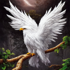 Stylized digital artwork of a white and gray eagle with geometric wings perched on a tree branch