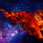 Majestic tiger with flaming tail in vibrant starry cosmos