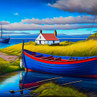 Tranquil digital painting of blue boat on calm waters with golden reeds, house, trees,