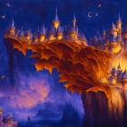 Fantastical illuminated castle on giant leaf in ethereal twilight scene