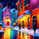 Person walking on wet cobblestone street among snow-covered houses at twilight
