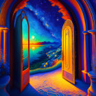 Colorful Artwork: Open Door, Night Sky, Path to Sea