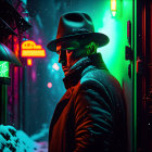 Mysterious figure in fedora and coat in neon-lit alleyway with snowflakes