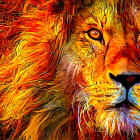 Vibrant lion illustration with fiery mane on fiery background