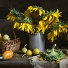 Colorful still life painting with sunflowers, apples, and sunflower field backdrop