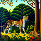 Colorful Leopard and Cub in Stylized Jungle Painting