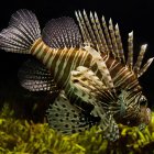 Vibrant lionfish swimming among green sea plants with extended fins.