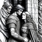 Monochrome medieval characters illustration with intricate armor and flowing hair