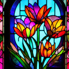 Vibrant flower stained glass window on blue background