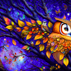 Colorful Artwork: Stylized Owls on Branches in Starry Night Scene