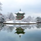 Surreal landscape featuring bonsai-like trees on misty islets reflected in tranquil water under fluffy