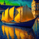 Golden sailboat on blue water with cityscape and castle at dusk