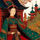 Traditional Chinese Attire Woman Illustration at Autumn Temple