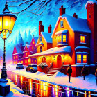 Vibrant painting of snowy village scene with people and street lamps