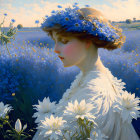 Woman in white dress with blue flower crown in serene field of flowers