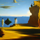 Surrealist painting: elongated shadows, robed figures, disjointed rock formations, golden sky