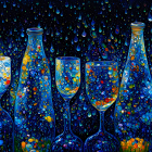 Colorful painting of glasses and bottles on starry background.