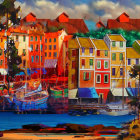 Vibrant Coastal Scene with Colorful Houses and Harbor