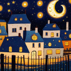 Stylized nighttime scene with crescent moon and starry sky