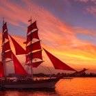 Red-sailed ship sailing on ocean at sunset with dynamic sky