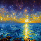 Colorful seascape oil painting with starry sky and sunbeam reflection