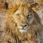 Majestic lion with thick, wavy mane in warm light on earth-toned background